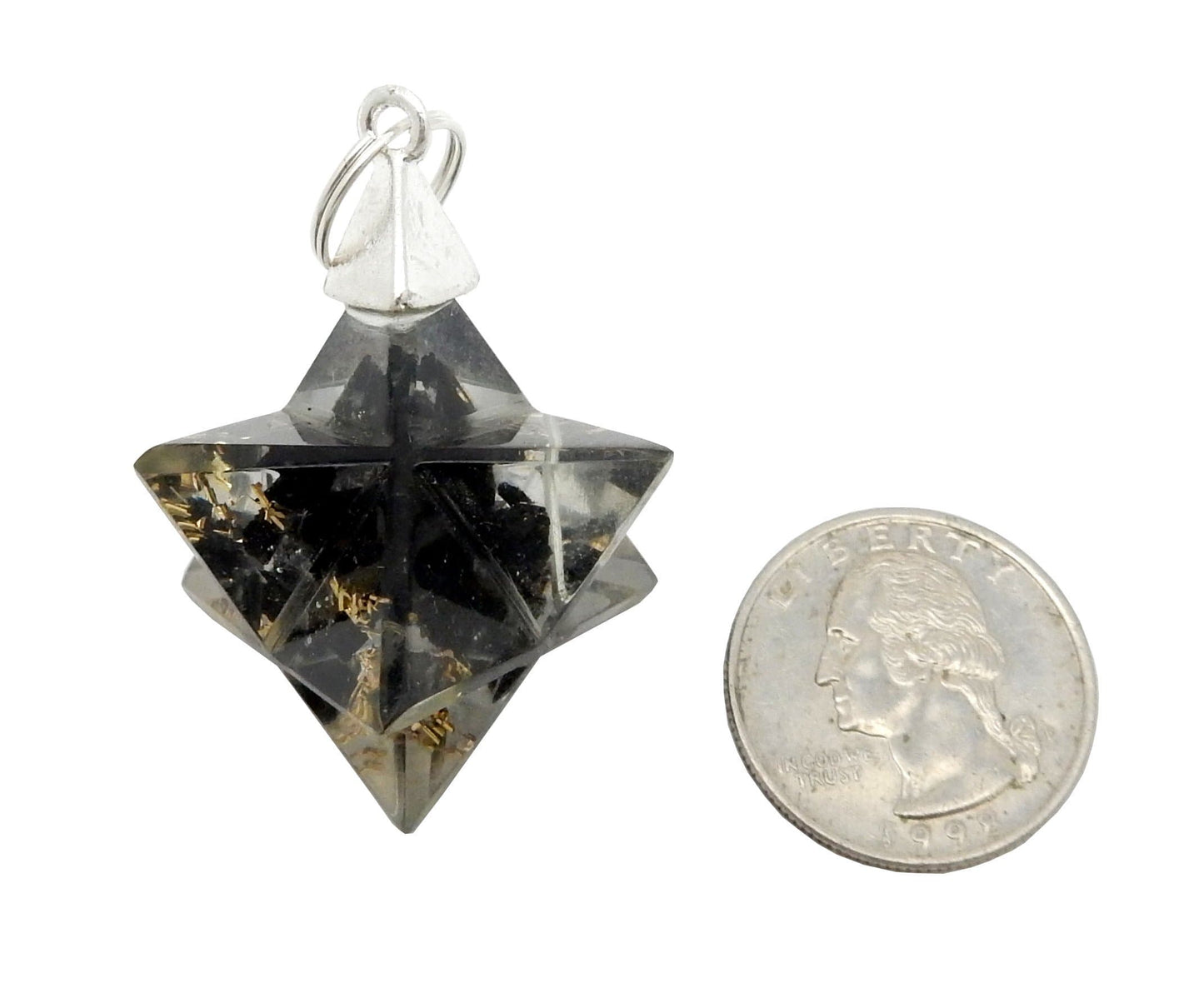 Merkaba - Merkaba Star Orgone Silver Toned Bail Pendant - dark one next to a quarter