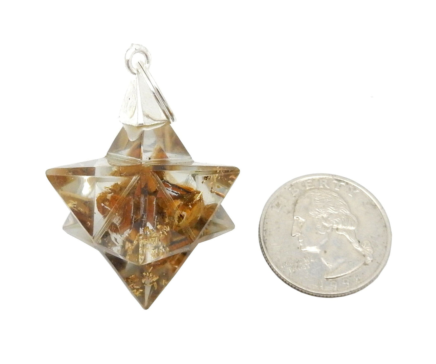 Merkaba - Merkaba Star Orgone Silver Toned Bail Pendant - next to a quarter close up