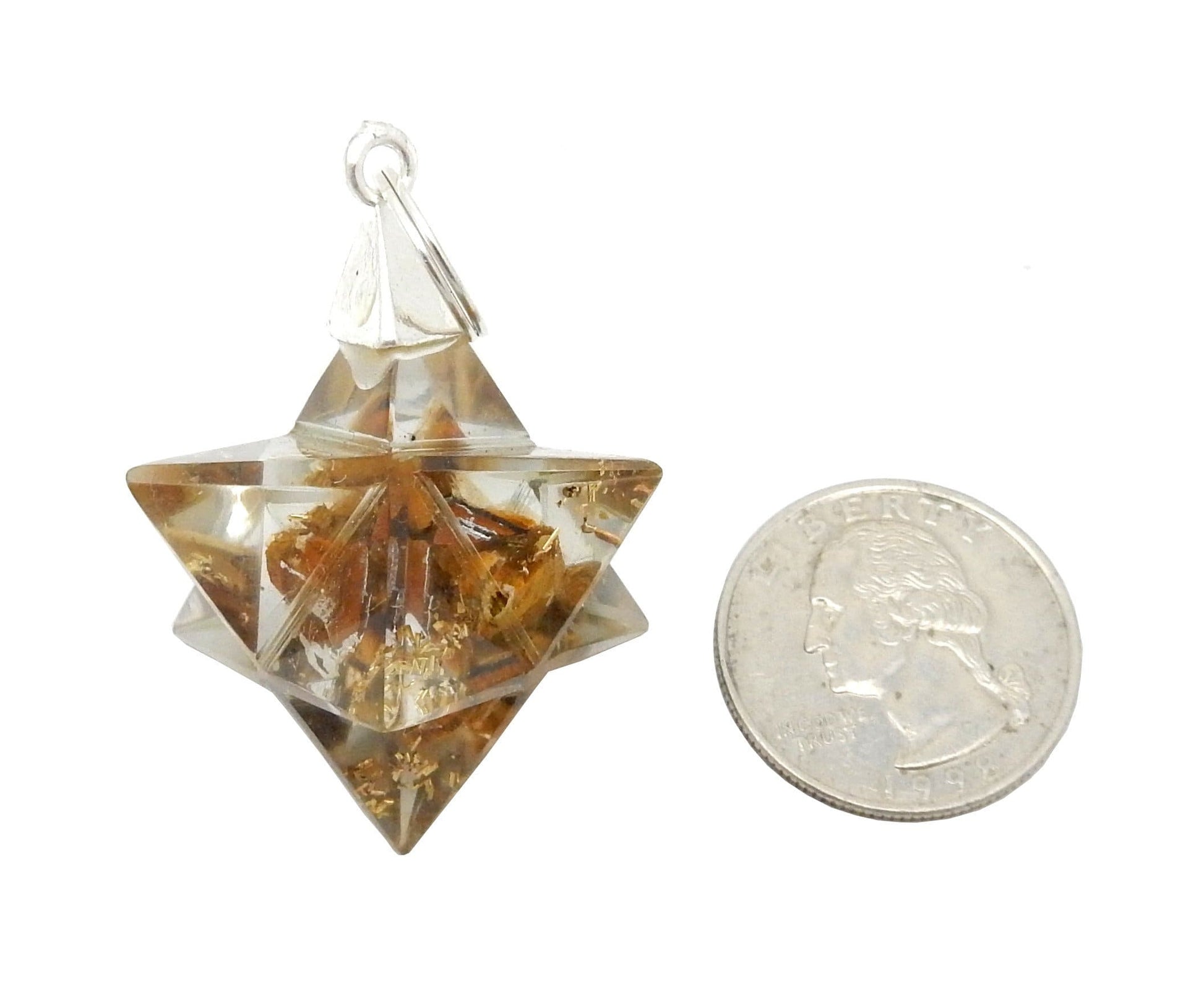 Merkaba - Merkaba Star Orgone Silver Toned Bail Pendant - next to a quarter close up