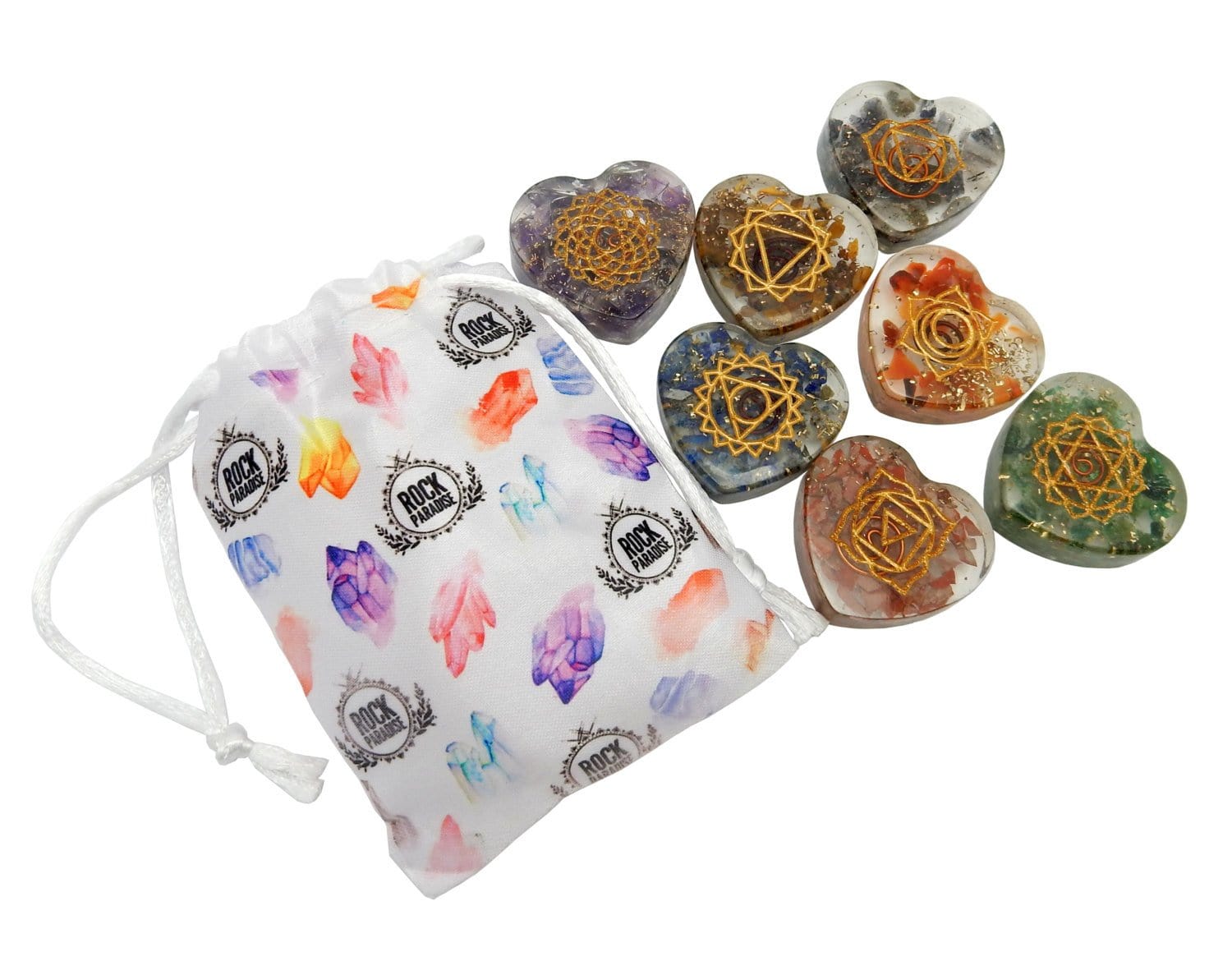 orgone chakra hearts next to a bag