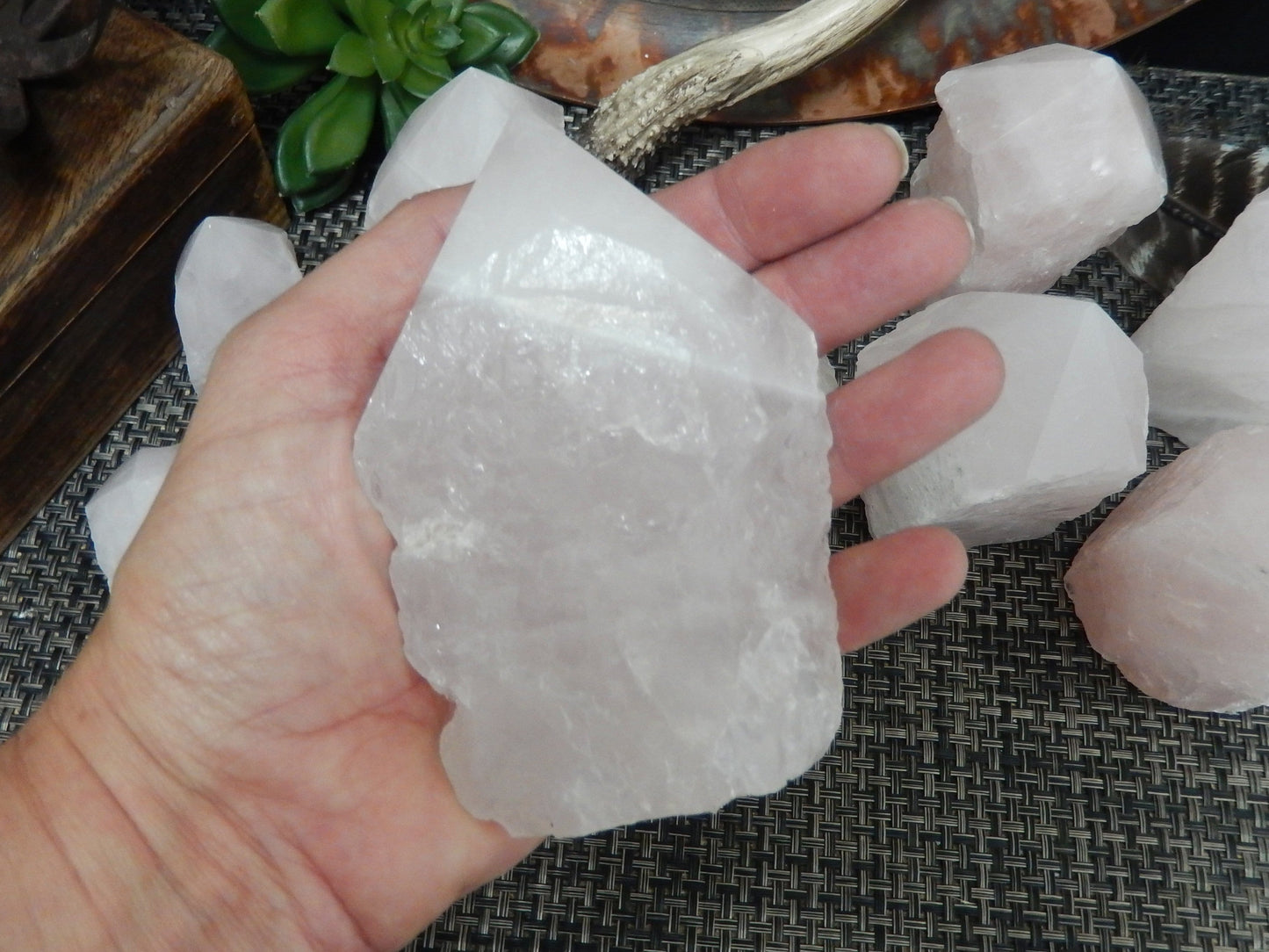 Hand holding up Rose Quartz Semi Polished Point with others behind it