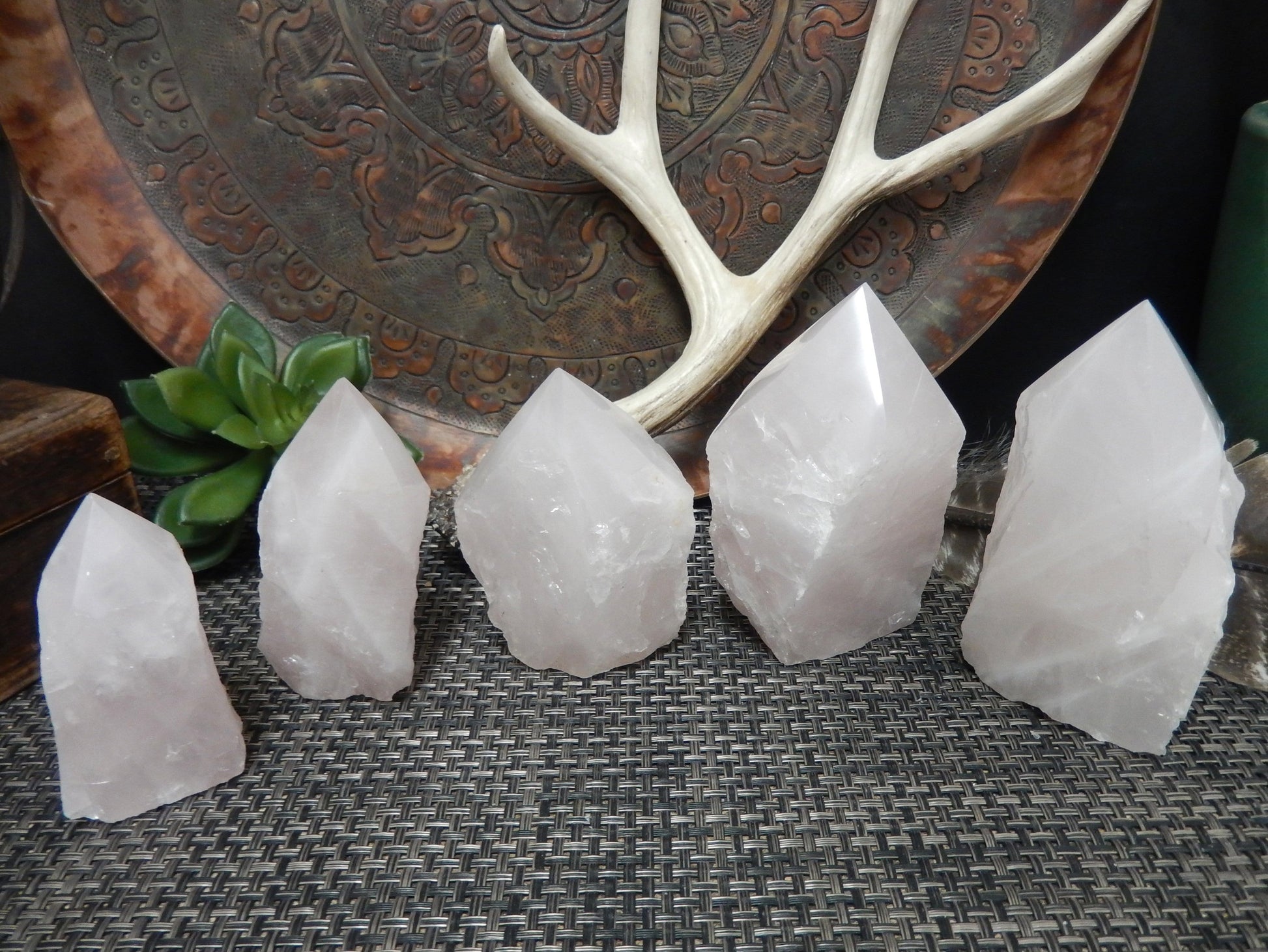 5 Rose Quartz Semi Polished Points of different sizes in front of decorations
