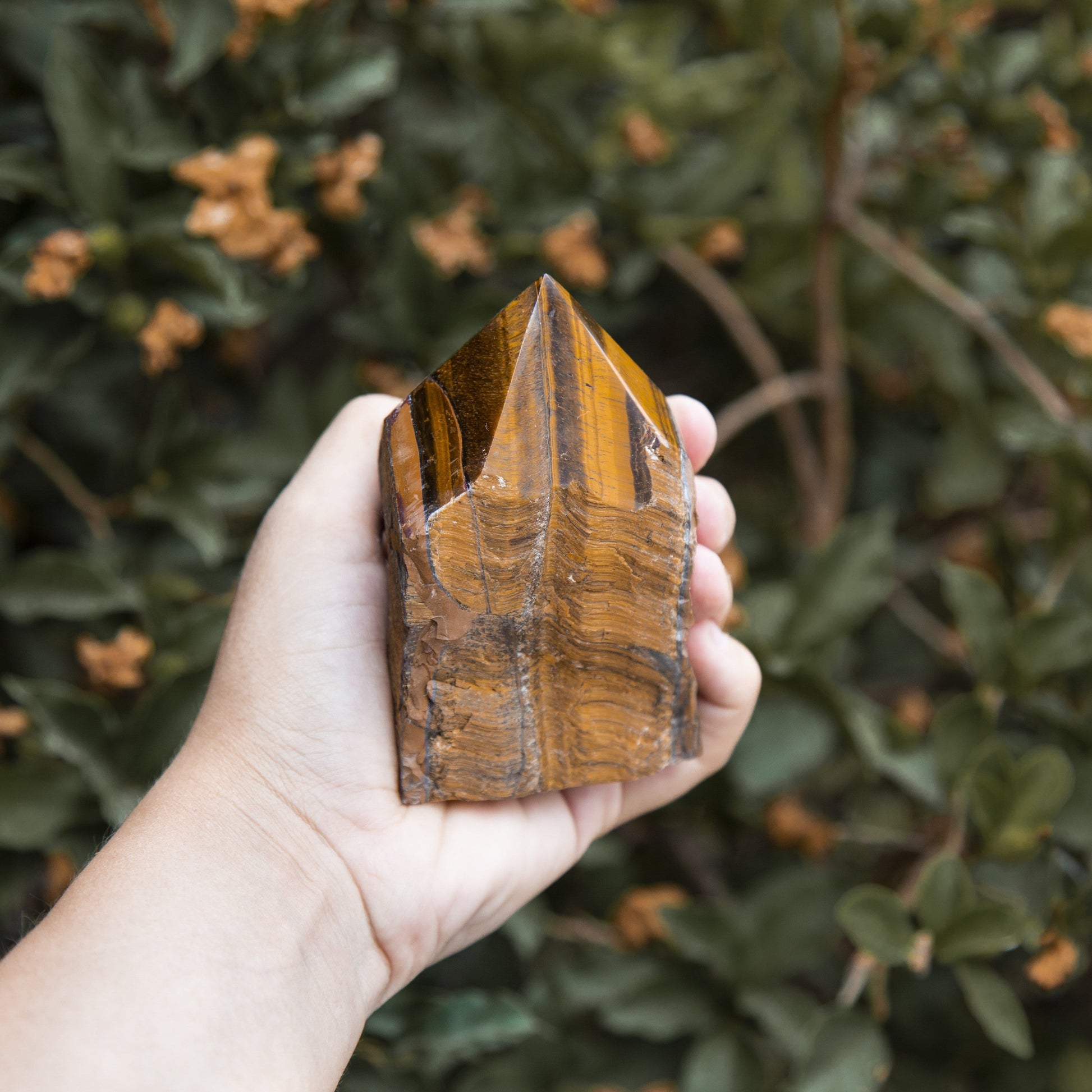 Tiger eye point with a polished top and rough base in a hand.