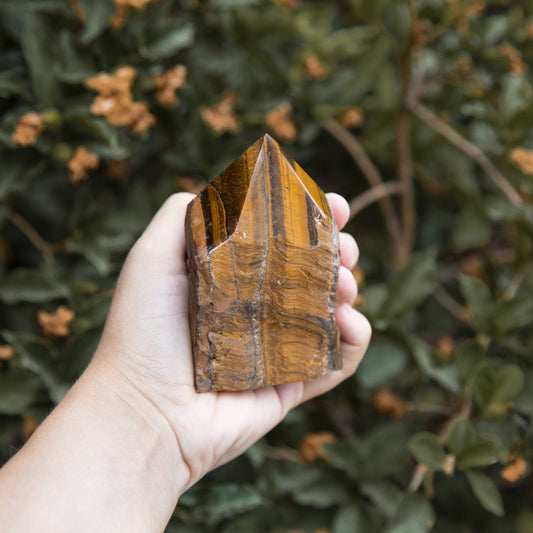 Tiger eye point with a polished top and rough base in a hand.