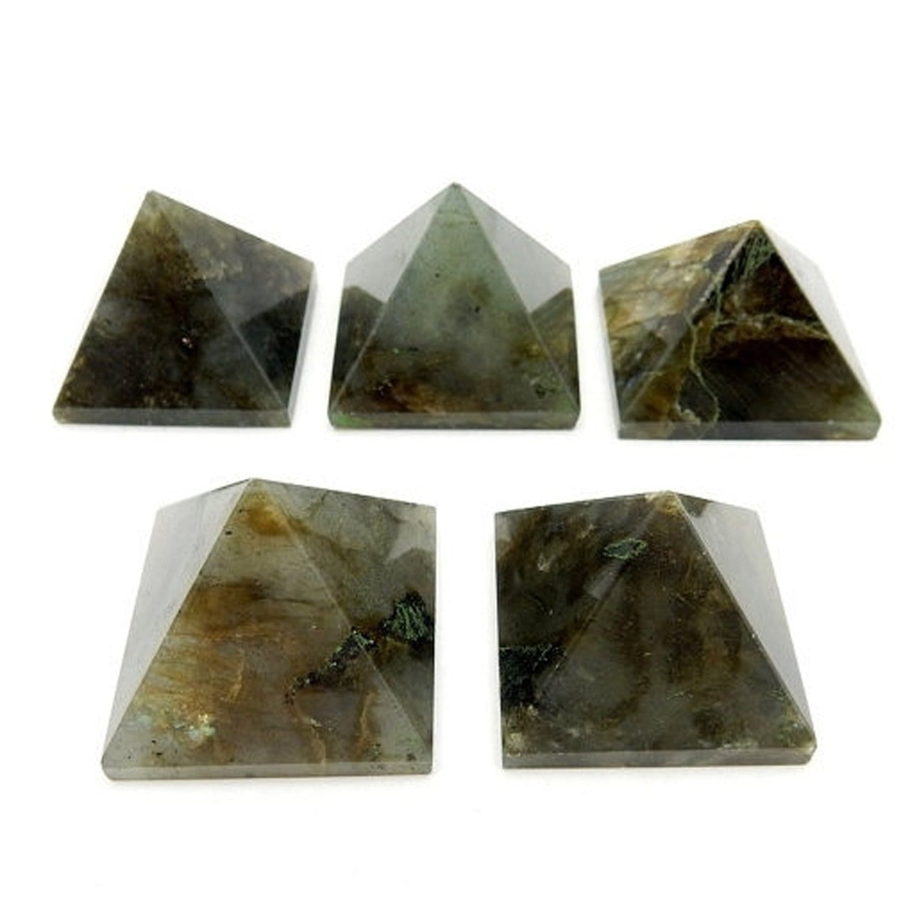 Front view of Labradorite Pyramids on a white background