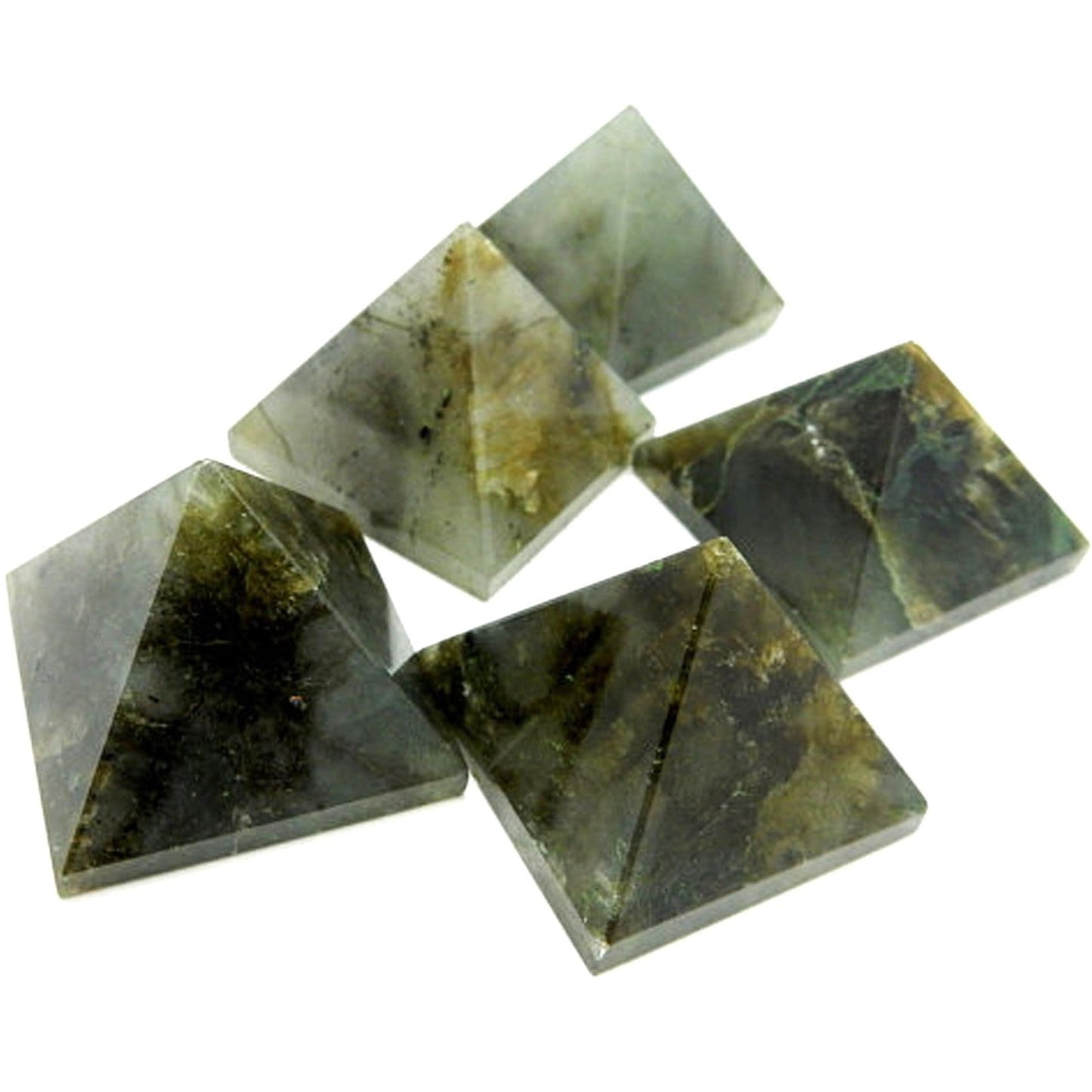 Side angle view of Labradorite Pyramid on a white background