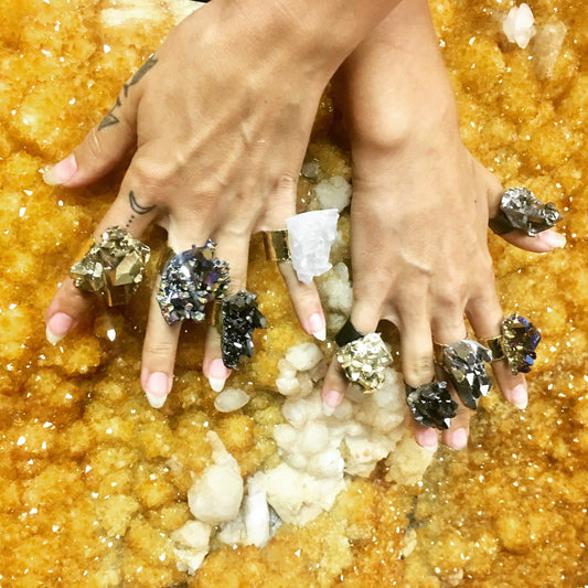 crystal  cluster ring on 2 hands