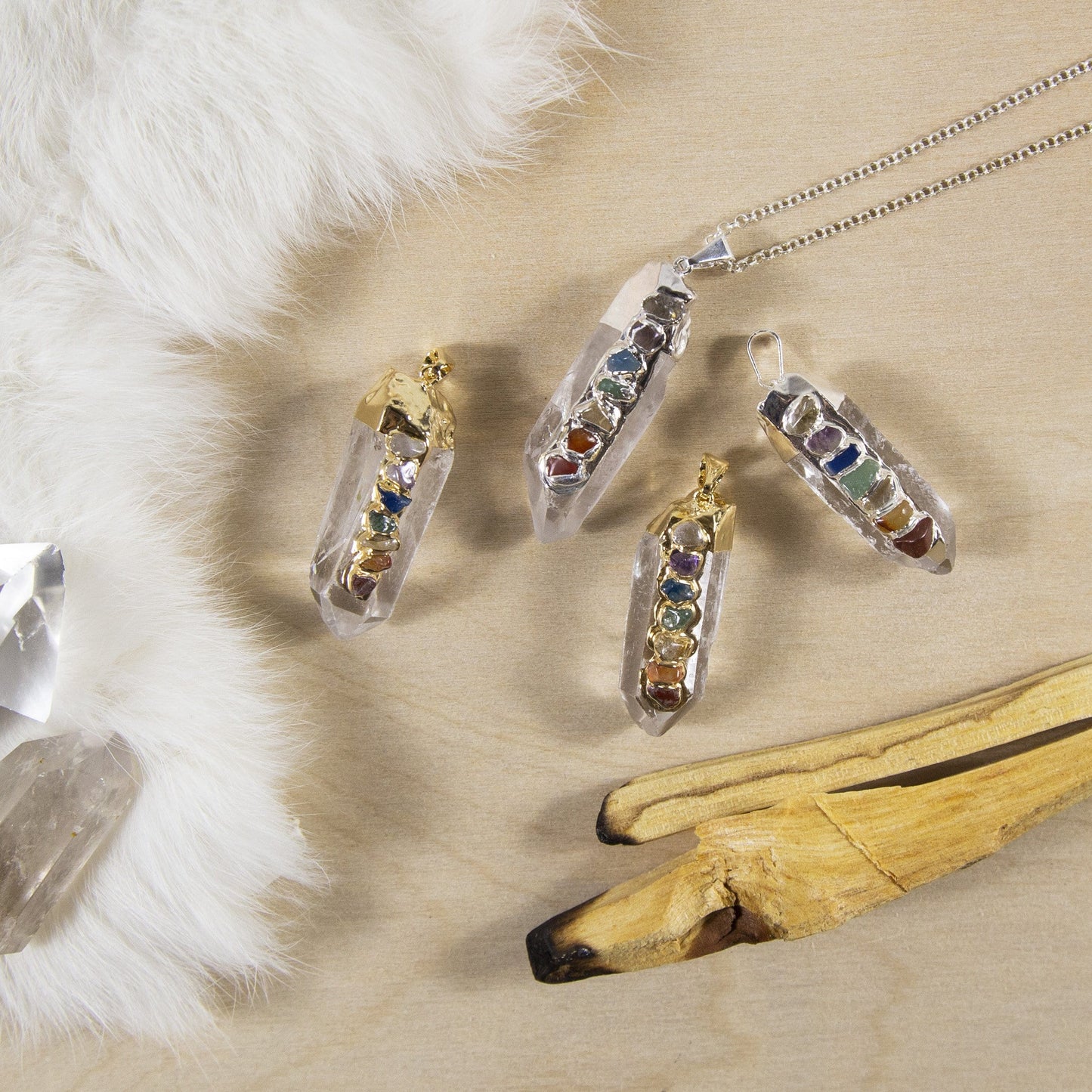 4 Crystal Quartz Point Pendants with decorations