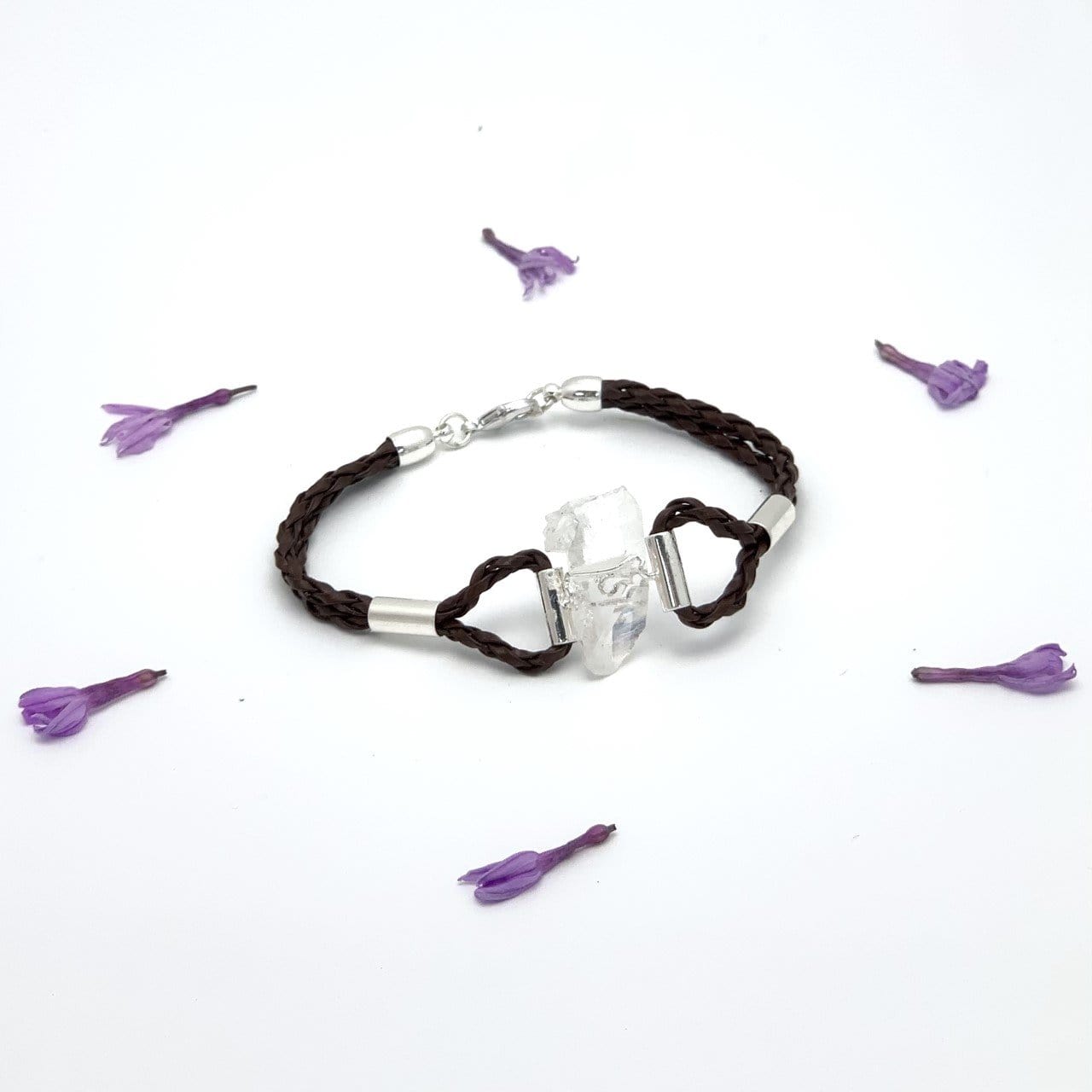 crystal quartz silver accents displayed on white background