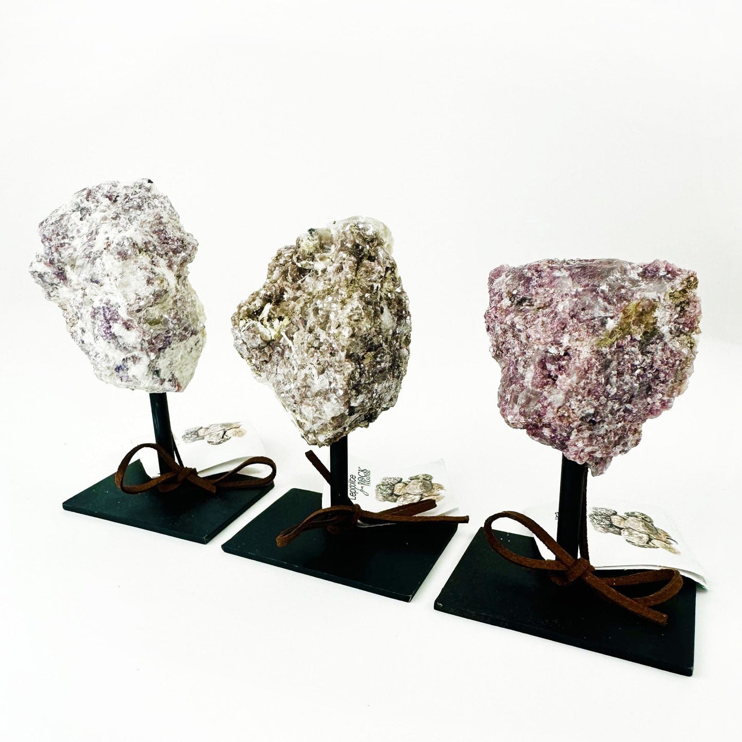 3-Lepidolite stones on Metal Stands 