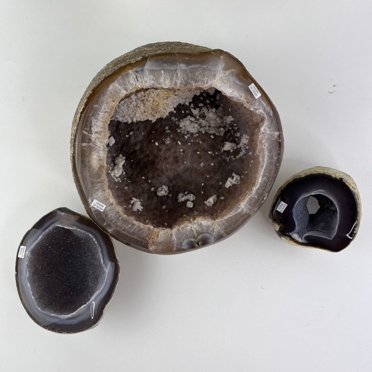 Bulk Lot 3 Polished Geode Halves next to each other from above