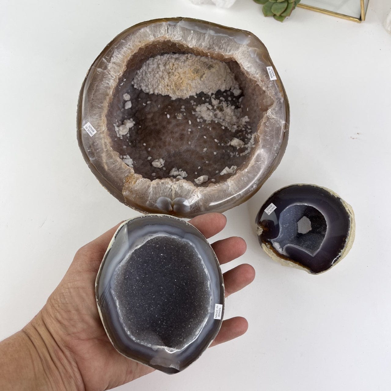 Bulk Lot 3 Polished Geode Halves with one in the hand for sizing