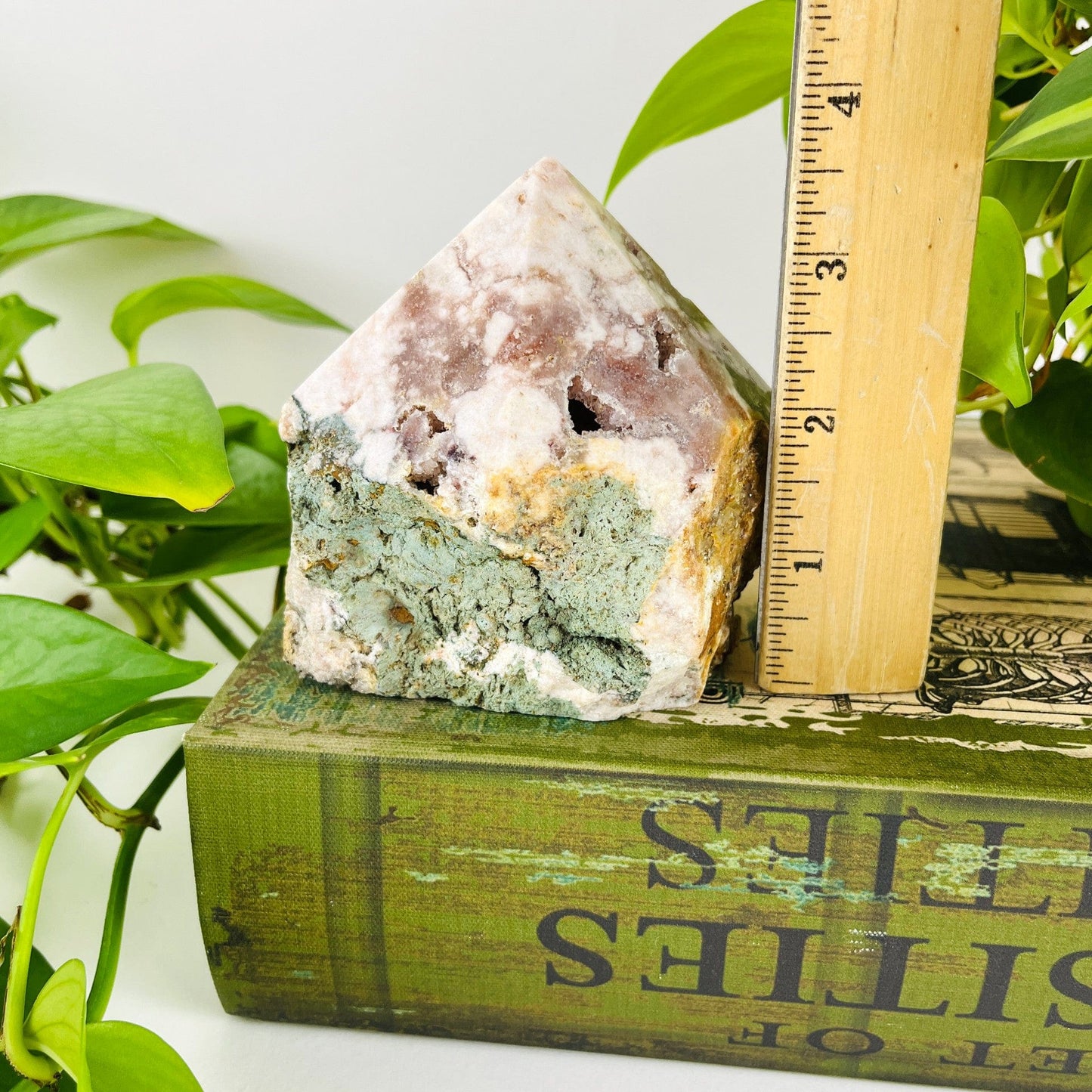 Pink Amethyst Semi-Polished Point with a ruler for size reference