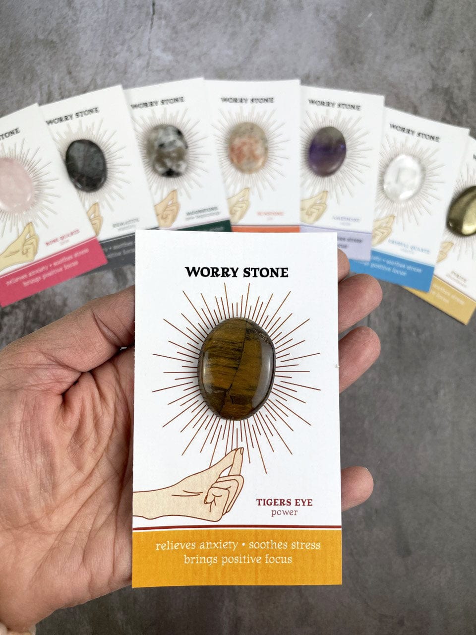 Tigers eye Worry Stone on Card up close