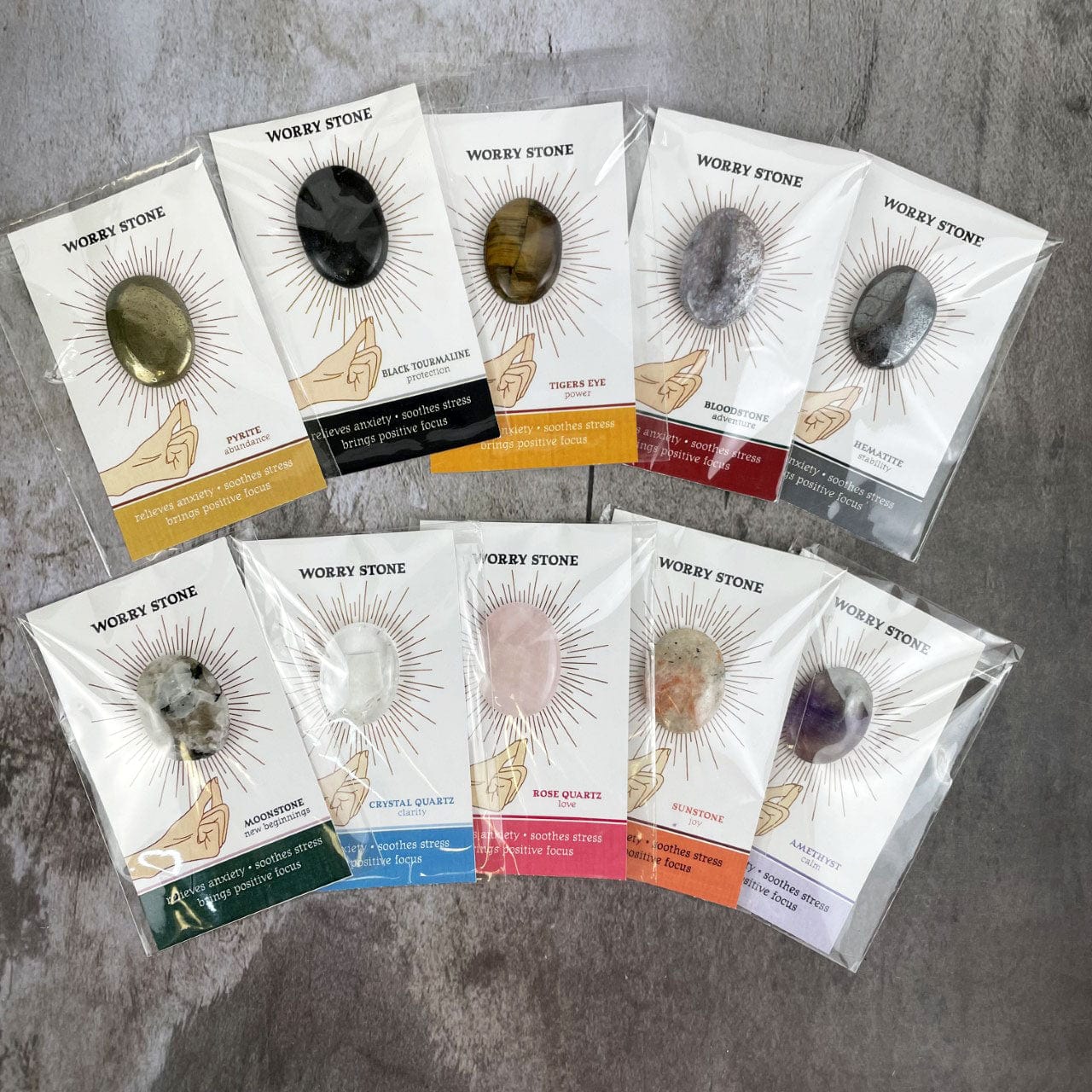 Worry Stone on Card in Protective Sleeves in all the stones