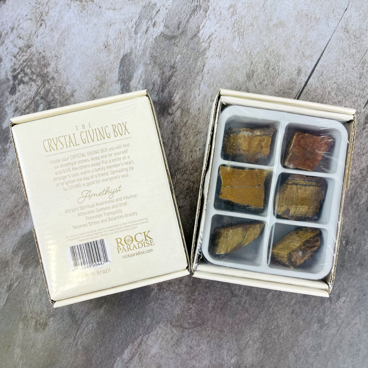Crystal Giving Box - Set of 6 tigers eye stone and showing bottom of the box with stone information.