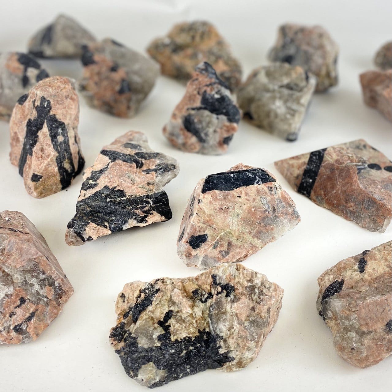 Multiple pieces of Feldspar with Black Tourmaline  on white background.