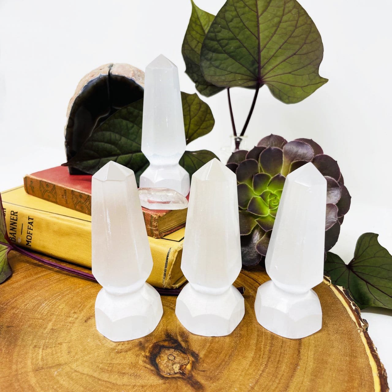 selenite spear tips on display