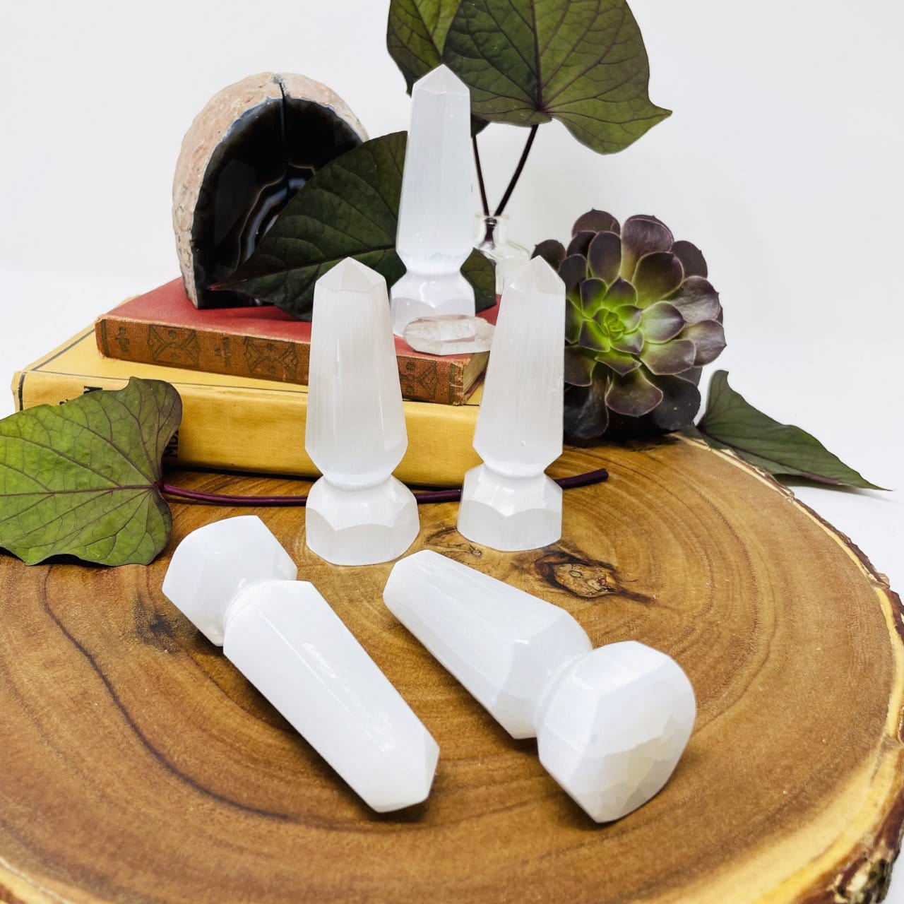 selenite spear tips on display