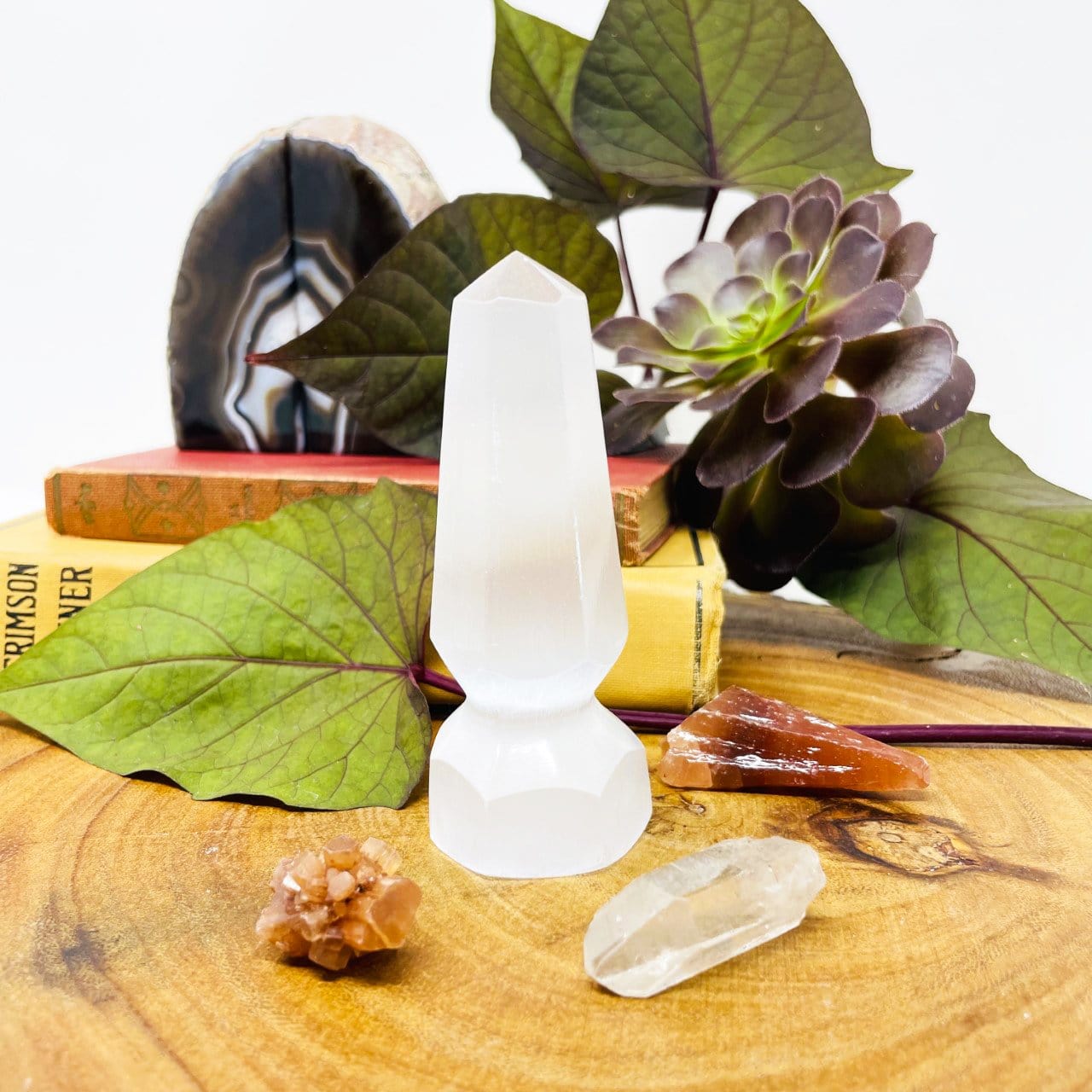 close up of one selenite spear tip for details