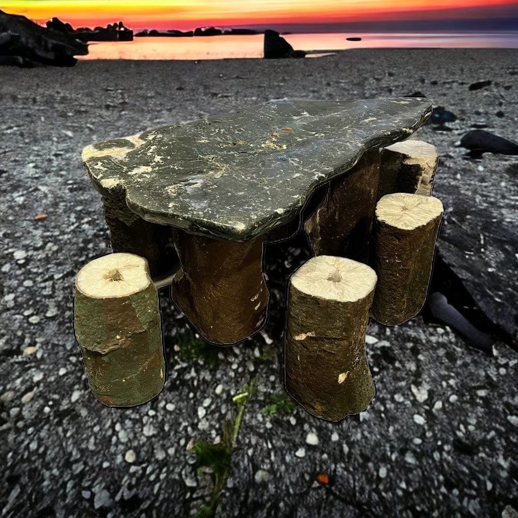 large jasper and agate table on a night time beach
