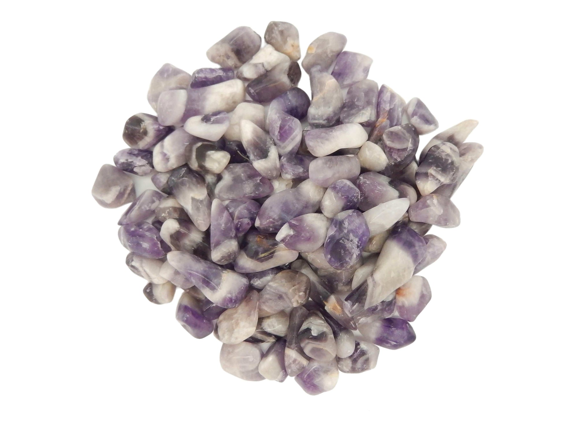 close up of half pound of chevron amethyst small tumbled stones