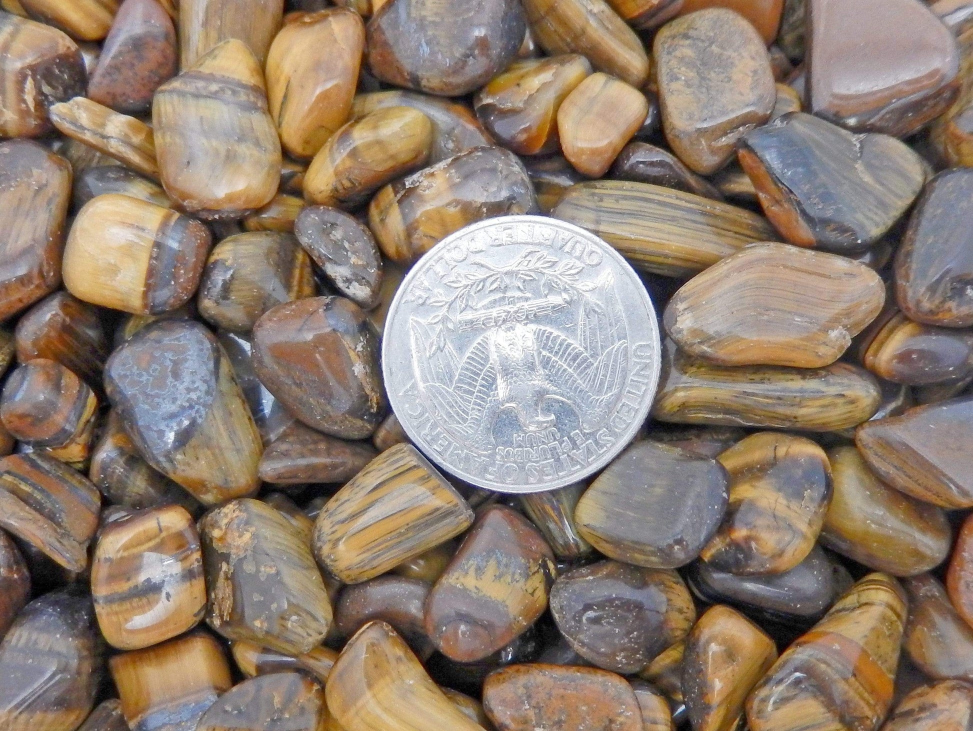 tumbled stones next to a quarter for size reference 
