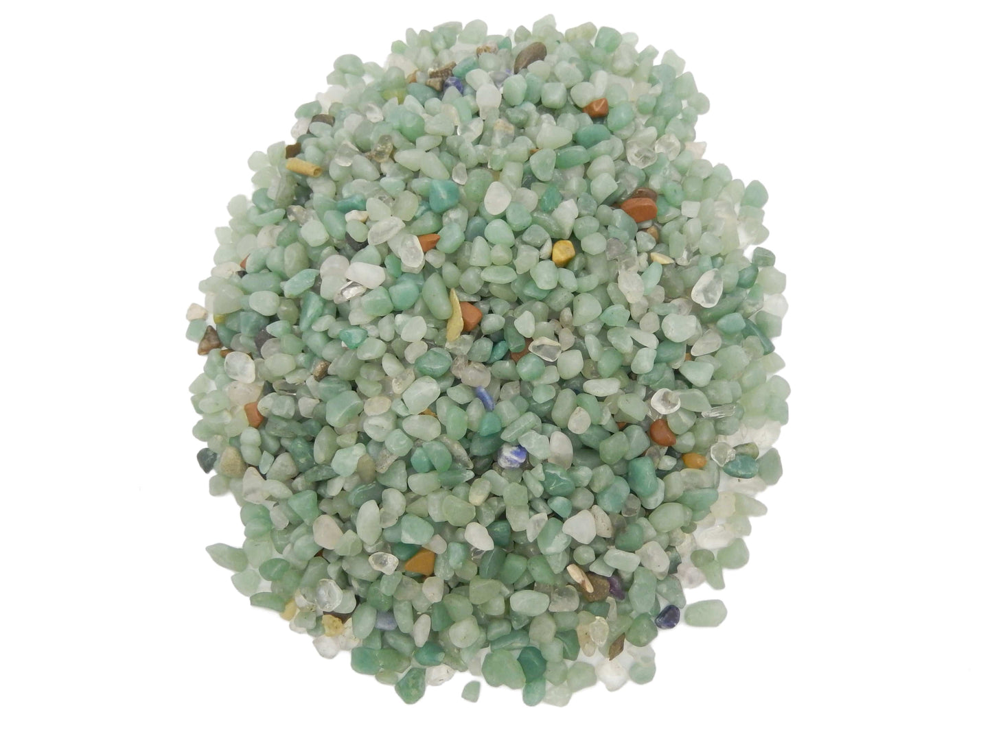 Green quartz chips on a white background.