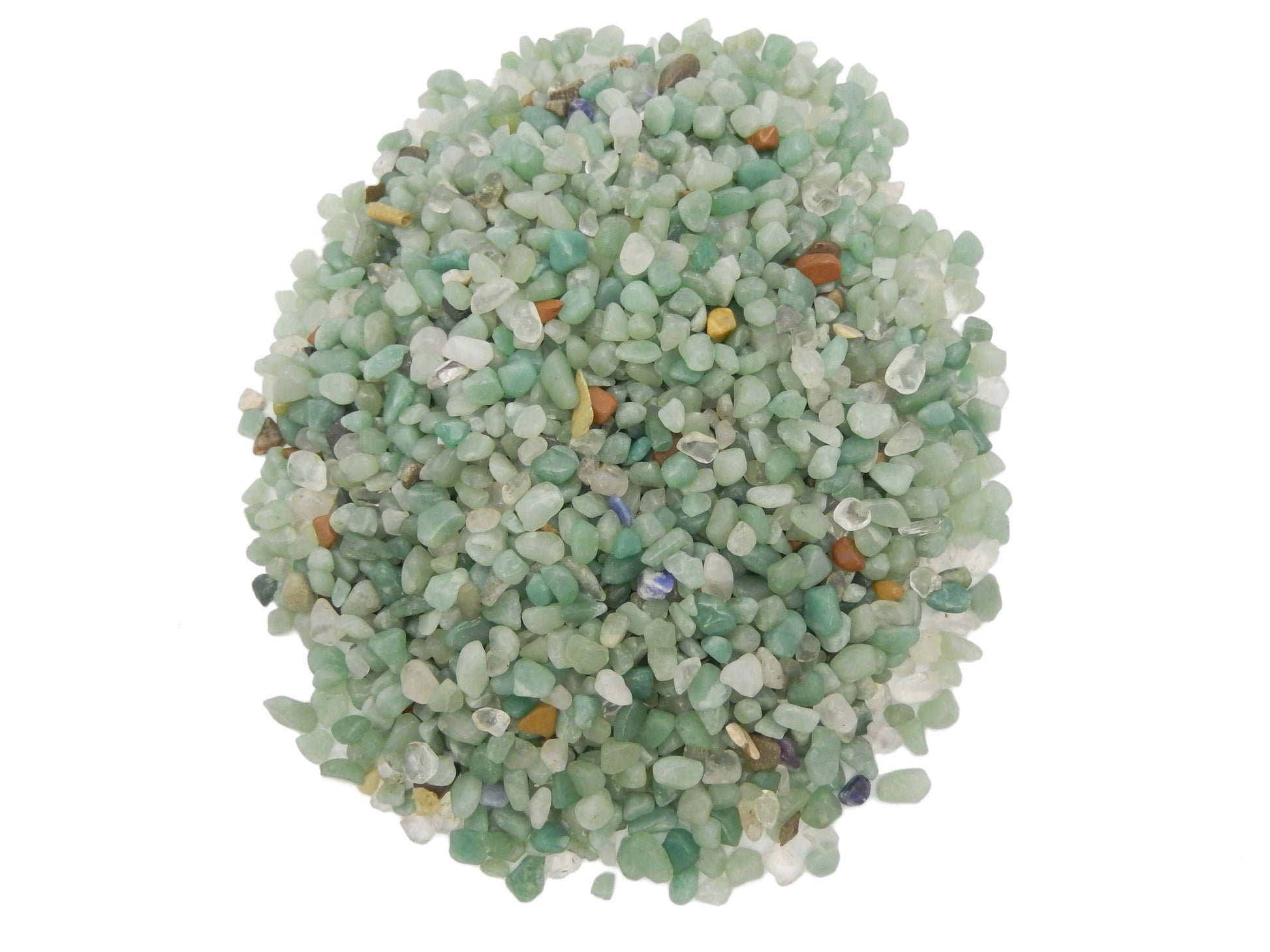 Green quartz chips on a white background.