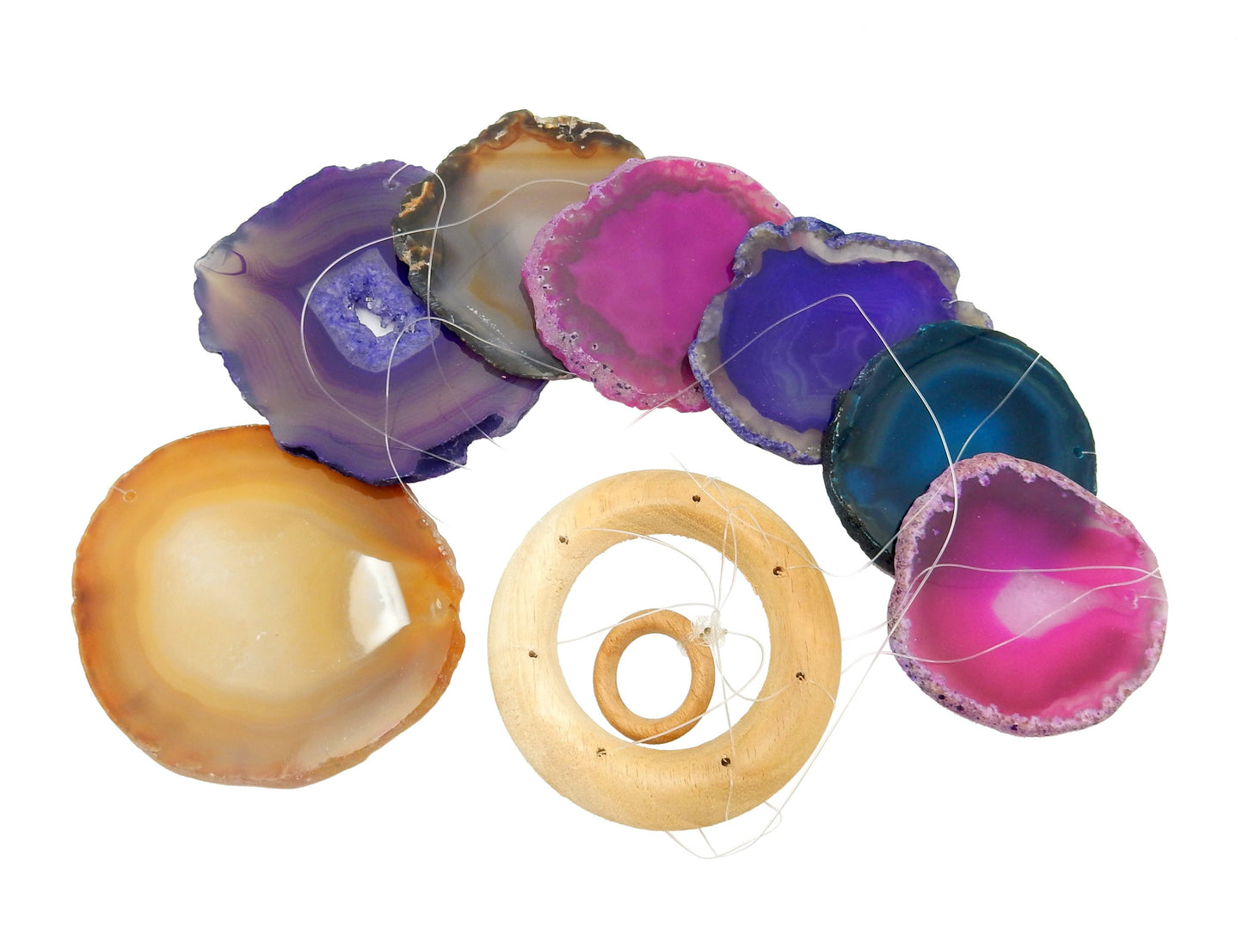 Picture of our multi color agate windchime, displayed on a white background.