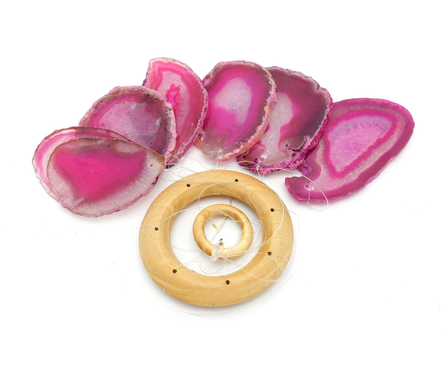 Picture of our pink agate windchime, displayed on a white background.