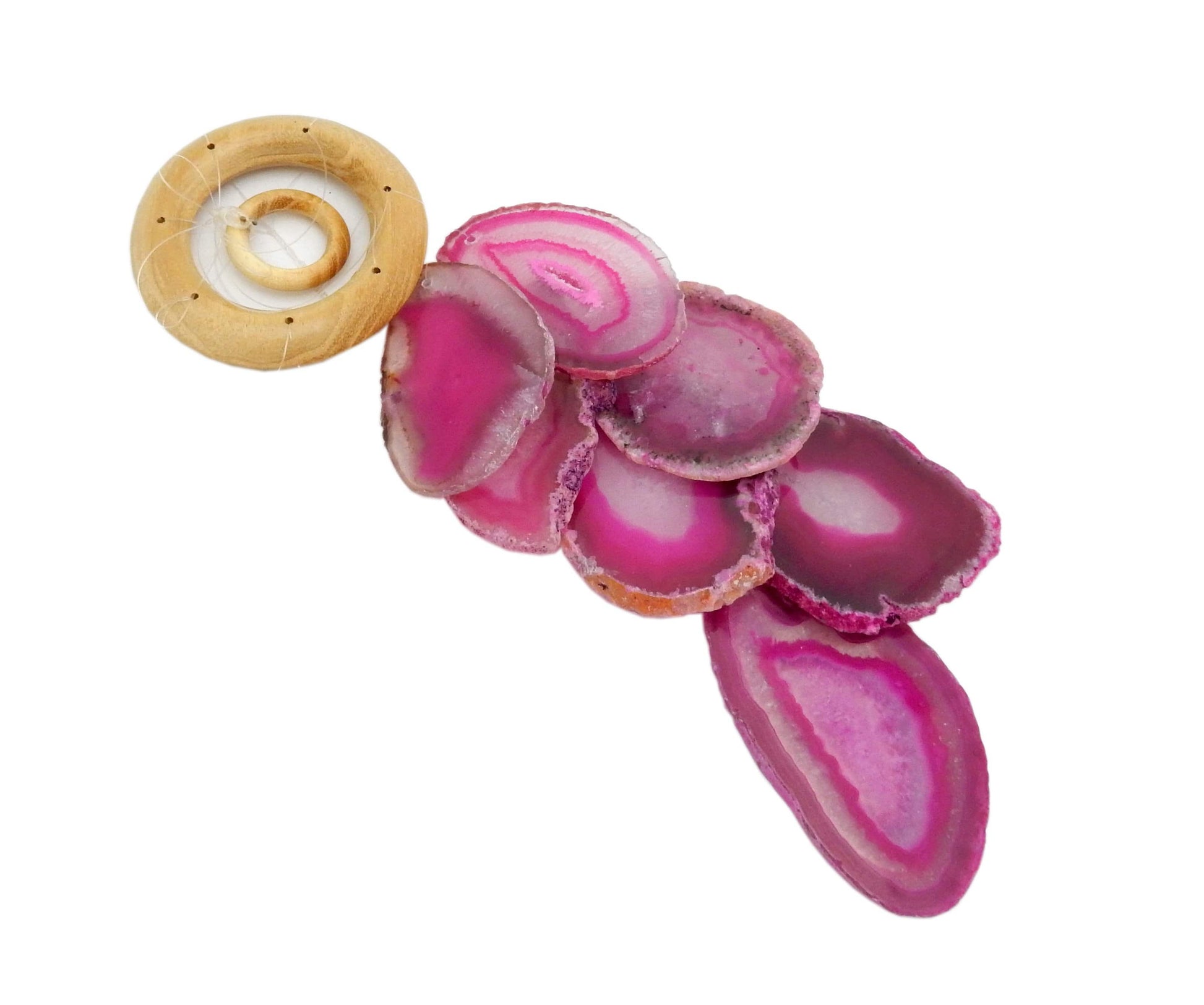 Picture of our pink agate windchime, displayed on a white background.
