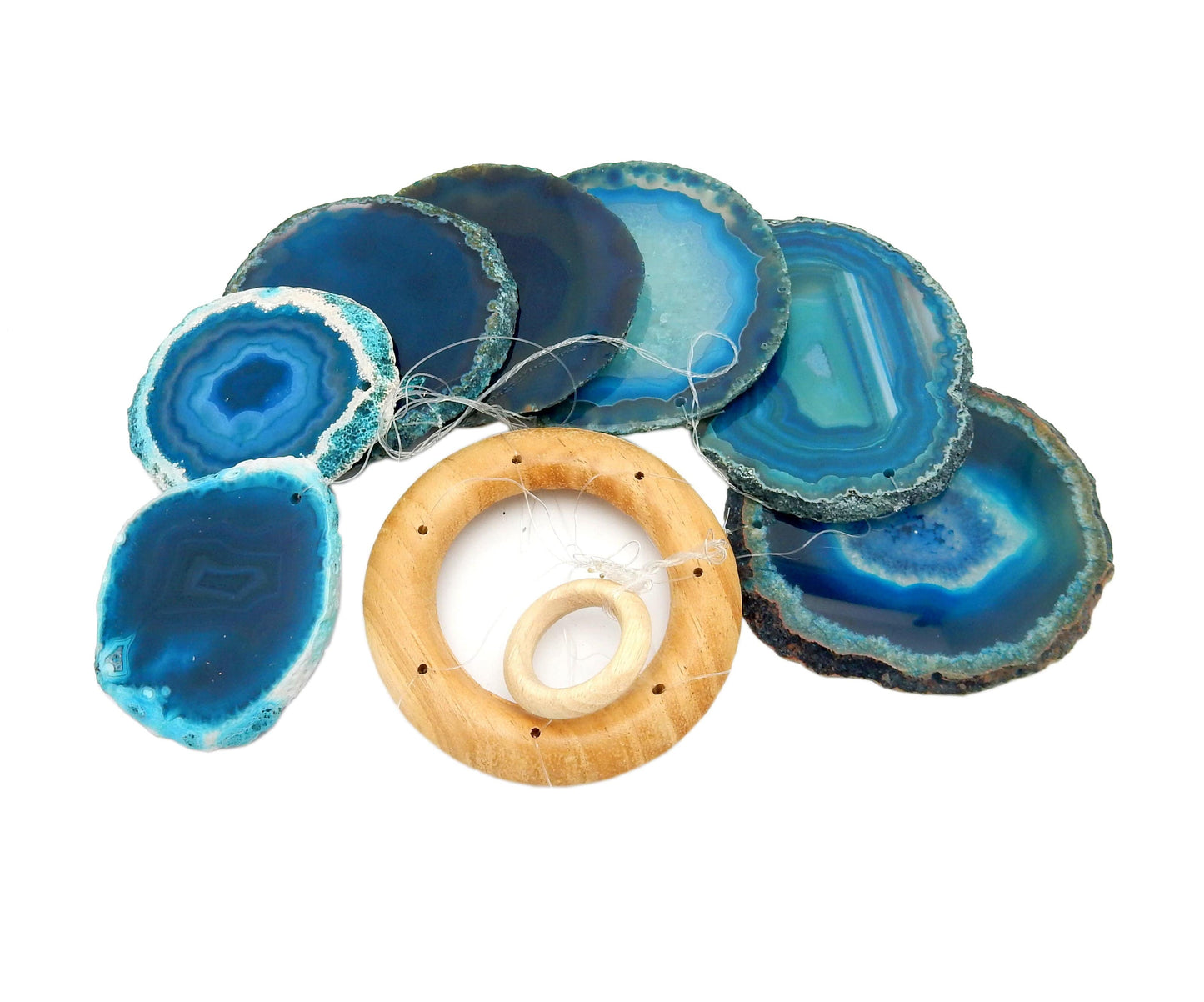 Picture of our teal agate windchime, displayed on a white background.