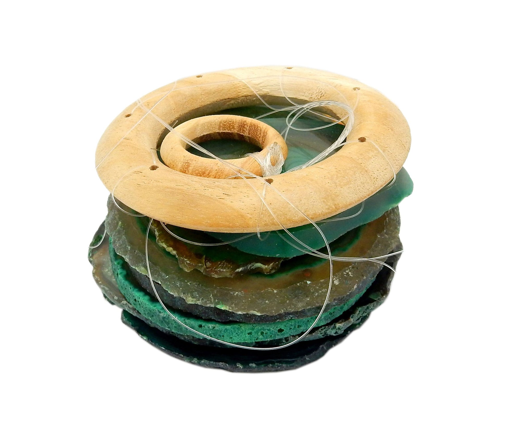 Picture of our green agate windchime, displayed on a white background.